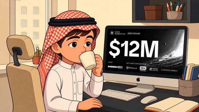 A cartoon-style image of a person in a red checkered keffiyeh drinking coffee while looking at a computer screen displaying '$12M' for a Seed Round.