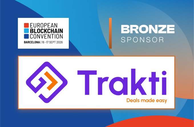 A promotional graphic for 'Trakti - Deals made easy' as a Bronze Sponsor for the European Blockchain Convention in Barcelona, 16-17 SEPT 2026.