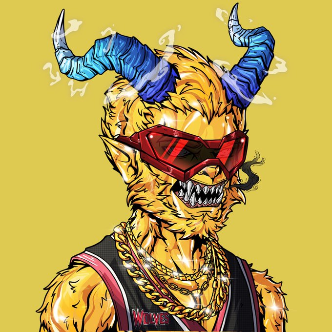 A fierce, yellow-furred werewolf-style character with blue horns and red visor goggles snarls, wearing gold chains and a black jersey with "Wolves" text, promoting a Lycan Lore NFT giveaway on ebisusbay.com.