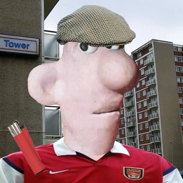 A 3D cartoon-style figure with an oversized pink head, flat cap, and prominent nose wears a red Arsenal soccer jersey while holding what appears to be shotgun shells, with a 'Tower' sign and apartment building visible in the background.