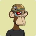 A digital illustration of a Bored Ape-style monkey character wearing a camouflage cap, red sunglasses, and a black shirt against a pale green background.