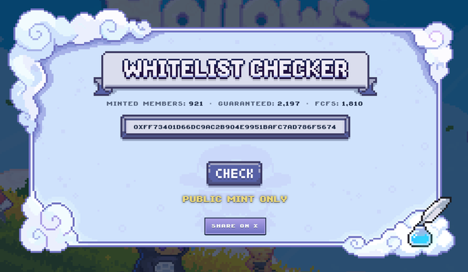 The image depicts a screenshot from a website called "hollows" that appears to be a digital gaming platform, possibly for a game like Minecraft or similar games where players can create their own virtual worlds. The screen features a white checklist on the left side with a checkbox and a button labeled "Public". On the right side of the image, there is text in black and yellow that provides information about an upcoming game release, stating that the player will be minted 1 NFT in the Public Phase. The screenshot also contains a small amount of text that reads: "I'm eligible to mint @hollows_nft check your wallet at hollowsnft.com gib GTD @0itsali0".