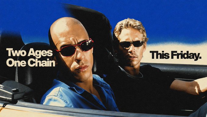 A promotional image for 'The Fast and the Furious' featuring two men in sunglasses in a convertible with the text 'Two Ages One Chain' and 'This Friday.'