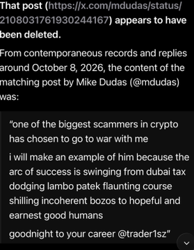 The image shows a screenshot of an X (Twitter) post by Mike Dudas (@mdudas) from October 8, 2026, stating that "one of the biggest scammers in crypto has chosen to go to war with me," accusing @trader1sz of being disingenuous and ending with "goodnight to your career @trader1sz." The accompanying caption references a list of crypto projects and partners associated with @6thManVentures, suggesting the feud with @trader1sz may relate to Dudas's business affiliations and ventures in the crypto space.