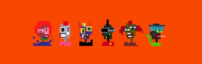 Pixel art characters arranged in a row on a solid red background.