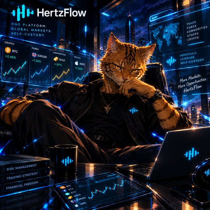 A digital illustration serves as an advertisement for 'HertzFlow,' depicting an anthropomorphic tiger in a dark suit sitting at a desk with a laptop and trading charts for Crypto (BTC), Forex (EURUSD), Commodities (Gold), and Stocks (AAPL), with text like 'ONE PLATFORM. GLOBAL MARKETS. SELF-CUSTODY.' and 'RISK MANAGEMENT TRADING STRATEGY FINANCIAL FREEDOM'.