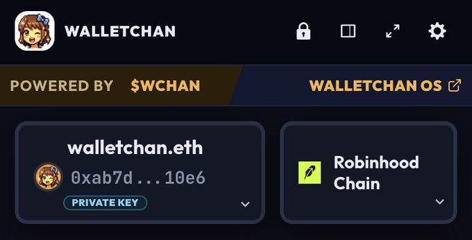 The image shows a WalletChan interface displaying a "walletchan.eth" address (0xab7d...10e6) labeled "PRIVATE KEY," alongside a newly added "Robinhood Chain" option, visually confirming the platform's recent decision to integrate Robinhood's blockchain as announced in the post.