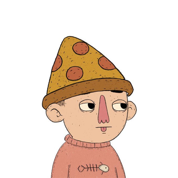 A cartoon boy with a long pink nose wears a pepperoni pizza-patterned hat and a pink sweater with a fish bone design.