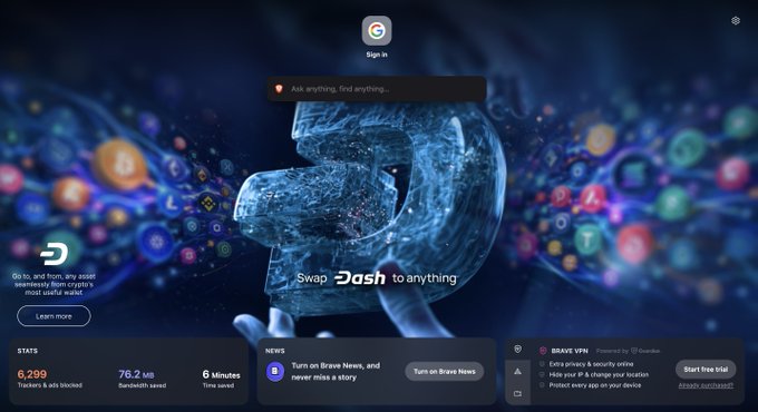 A Brave browser new tab page features Dash prominently with the tagline "Swap Dash to anything" alongside a large 3D Dash logo, showing 6,299 trackers & ads blocked, 76.2 MB bandwidth saved, and 6 minutes of time saved. The image directly illustrates the post's claim about Dash's seamless integration and recognition as a cryptocurrency with real utility within the Brave browser ecosystem.