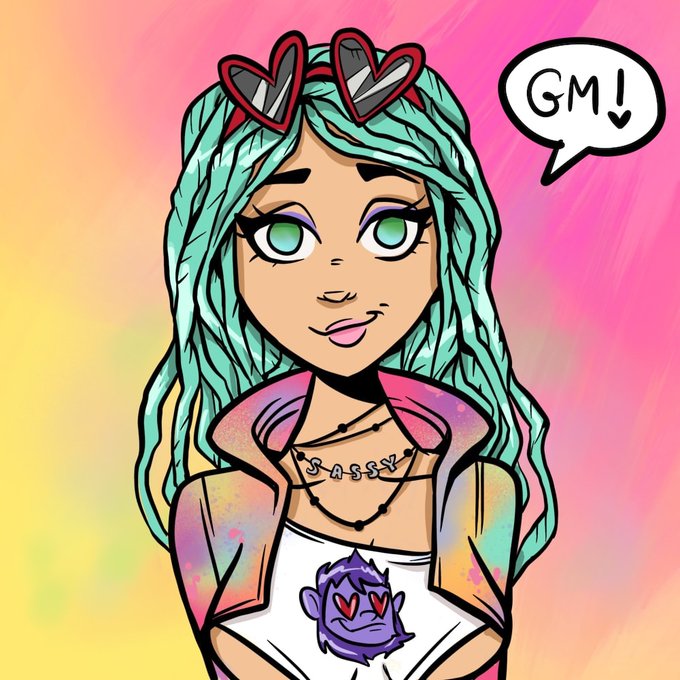 A cartoon illustration of a girl with teal hair, heart-shaped sunglasses, and a colorful jacket featuring a purple character, with a speech bubble saying 'GM!' and a necklace reading 'SASSY'.