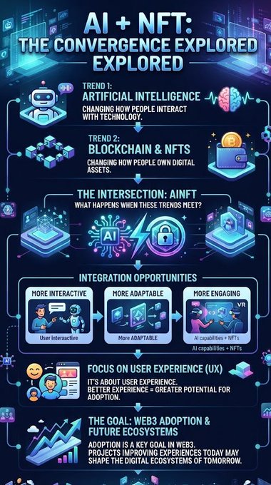The image features a detailed infographic that explains the relationship between Artificial Intelligence (AI) and Non-Fungible tokens (NFTs), highlighting various aspects such as their influence on technology, digital assets, and how they can be combined to create something new. The infographic is designed in an engaging manner with colorful graphics, icons, and videos depicting AI intelligence, blockchain technology, and the concept of NFTs. It offers insights into the emerging trends and challenges faced by AINFT and other companies exploring the integration of these two fields.