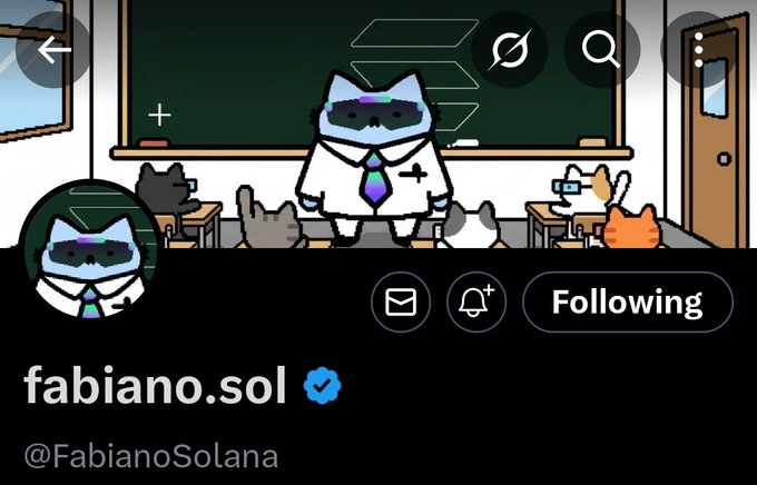 The image features a cartoon cat wearing a tie, standing in front of a chalkboard with other cats sitting around it. The caption reads "Following Fabiano.Solaana" which suggests that someone named Fabiano.Solaana has shared this image on social media.