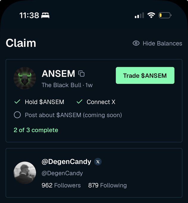 A "Claim" screen shows a user with the username @DegenCandy (962 followers, 879 following) who has completed 2 of 3 tasks to claim the $ANSEM token, with "Hold $ANSEM" and "Connect X" checked off while "Post about $ANSEM (coming soon)" remains incomplete. The screenshot illustrates the airdrop claim process the poster is engaging with, supporting their thesis that airdrops can drive token momentum.