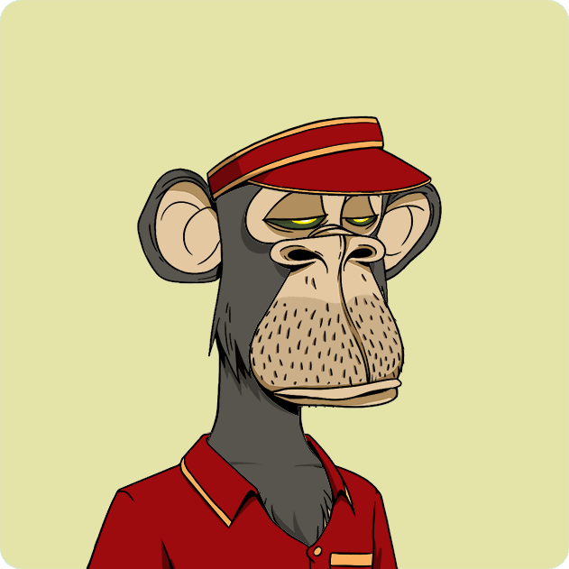 A cartoon illustration of a bored-looking chimpanzee wearing a red cap and red collared shirt against a pale yellow background, characteristic of NFT collectible art.