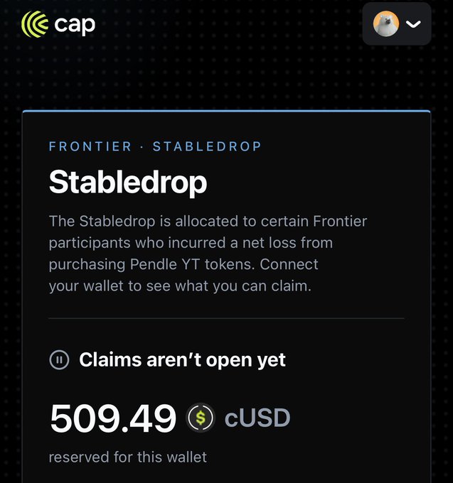 The image shows a "Stable drop" allocation page from Cap, indicating that 509.49 cUSD is reserved for the user's wallet but claims aren't open yet. This relates to the post by highlighting the frustration of having allocated stable drop rewards sitting unclaimable, contributing to the feeling that efforts have been for nothing.
