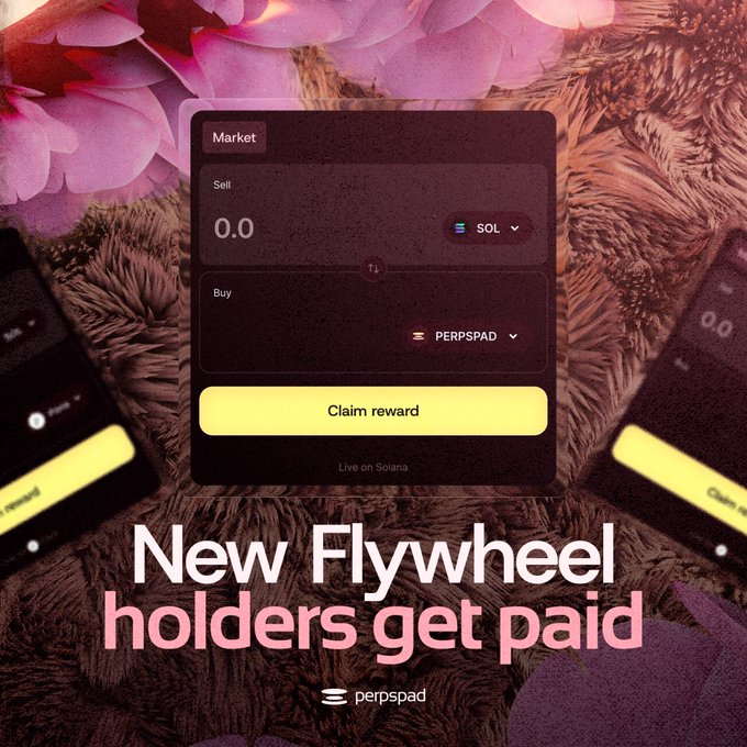 A promotional graphic for Perpspad featuring a crypto trading interface with Sell/Buy options for SOL and PERPSPAD tokens, alongside the text 'New Flywheel holders get paid' and 'Live on Solana'.