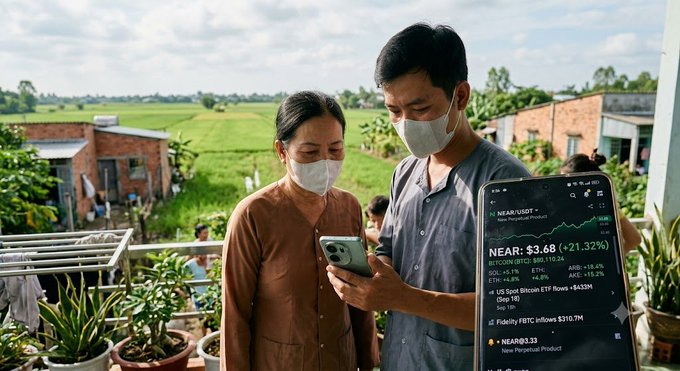 An older Asian couple wearing face masks looks at a smartphone outdoors, while a floating overlay displays NEAR cryptocurrency price data: 'NEAR: $3.68 (+21.32%)' with bullish technical analysis indicators.