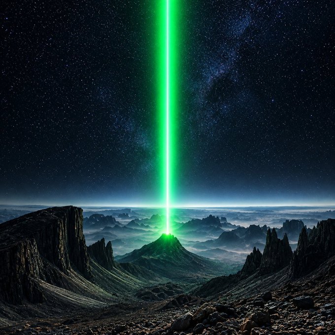A dramatic sci-fi landscape showing a bright green beam of light shooting up into a starry night sky from a cratered, mountainous terrain below.