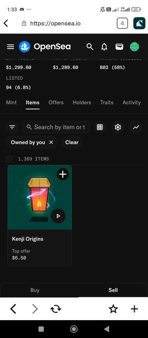 A mobile screenshot of the OpenSea (opensea.io) marketplace displaying a collection page with 1,369 items owned by the user and a top offer of $6.50 for a Kenji Origins item.