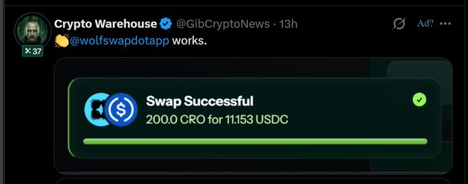 A screenshot of a tweet from Crypto Warehouse (@GibCryptoNews) showing a successful cryptocurrency swap of 200.0 CRO for 11.153 USDC via @wolfswapdotapp.