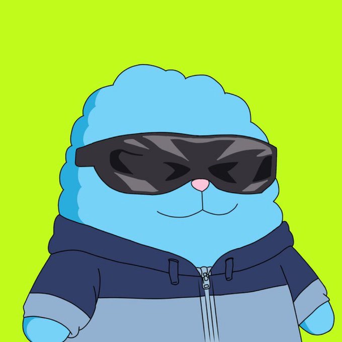 A cartoon illustration of a blue fluffy character wearing dark sunglasses and a blue and gray hoodie against a bright yellow-green background.