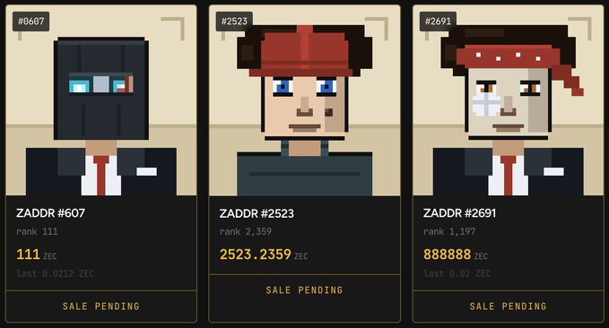 Three pixel-art ZADDR NFT listings are shown for sale, with ranks of #111, #2,359, and #1,197 and prices of 111, 2523.2359, and 888888 ZEC respectively, all marked "SALE PENDING." The image relates to the post by depicting overpriced or mocking pixel-art profile pics (Zcash-themed CryptoPunks parody) listed for absurd amounts of ZEC, which the commenter views as insulting and expects to face consequences ("karma") for their trolling.