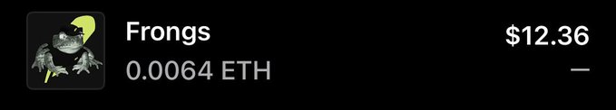 The image shows a cryptocurrency listing for "Frongs" priced at $12.36 (0.0064 ETH), which appears to confirm the poster's claim that the floor price has risen to 0.0064 ETH, representing roughly a 2.3x increase from their earlier call.