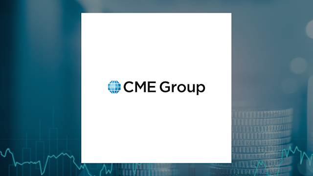 The image features a logo for CME Group, which is a financial services company that specializes in trading various financial instruments such as Bitcoin and Ethereum options and futures contracts. The background of the image shows a blue color scheme with a white square containing the CME Group logo. The text "CME Group" is written below the logo, indicating the company's name. Additionally, there are two coins visible on the right side of the image, which could be related to Bitcoin or Ethereum trading.