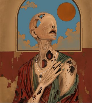 A surreal digital illustration depicting a decaying, hole-filled figure in classical robes gazing at an orange orb through an arched window.