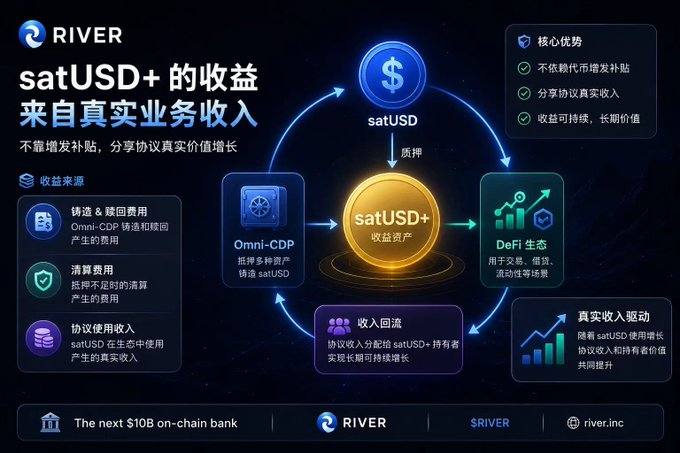 The image is a promotional infographic from River ($RIVER) explaining that satUSD+ yields come from real business revenue rather than token subsidies, illustrating the cycle where satUSD is staked to mint satUSD+, which captures fees from Omni-CDP minting/redemption, liquidation penalties, and protocol usage, with revenue distributed back to holders and feeding DeFi ecosystems. It visually reinforces the post's argument that satUSD+ offers sustainable, real-yield returns driven by actual protocol income—a key differentiator in bear markets when emissions dry up.