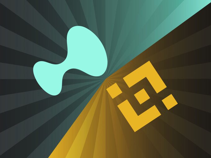 Image showing logos of Sui and Binance cryptocurrency on a sunburst background.
