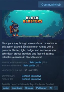 The image shows a Steam store page for "Block Blasters," a 2D platformer game published by Genesis Interactive, which is highlighted in the accompanying post about FBI charges against Zyaire Wilkins for allegedly using Bitcoin to fund DoorDash orders while marketing malware-laced games like this one.