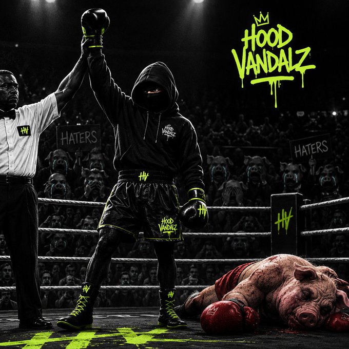 A hooded figure wearing "Hood Vandalz" branded shorts, hoodie, and gloves raises a victorious gloved fist while a referee declares him the winner over a bloodied, defeated opponent in a boxing ring, with "HATERS" signs visible in the crowd and the neon green "Hood Vandalz" graffiti-style logo with a crown displayed in the corner.