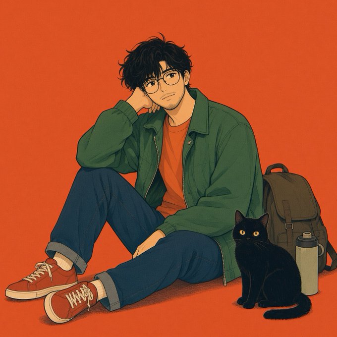 An illustrated portrait of a young man with messy dark hair and glasses, wearing a green jacket, orange shirt, blue jeans, and red sneakers, sitting on the ground next to a black cat, a backpack, and a water bottle against an orange background.