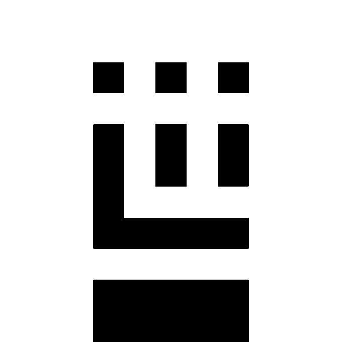 A pixelated black and white icon or character face, featuring three squares at the top resembling eyes, vertical rectangles in the middle, and a horizontal block at the bottom.