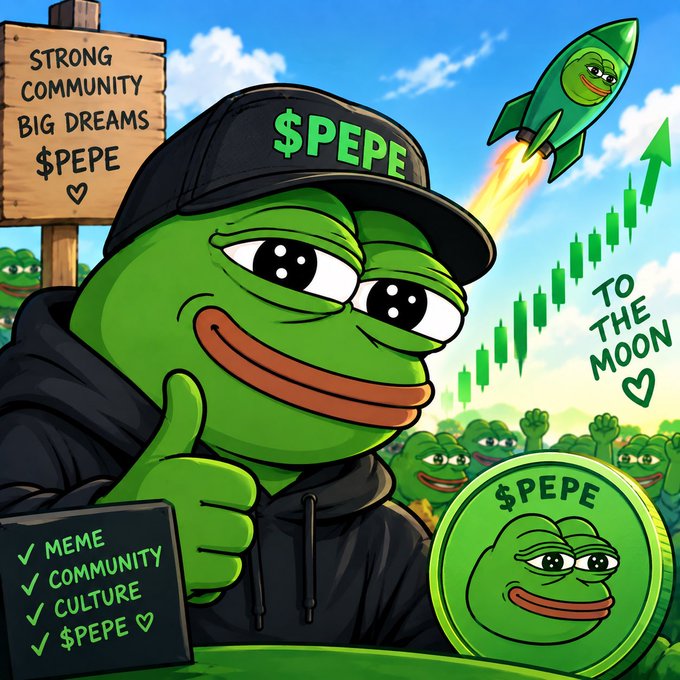 Cartoon Pepe the Frog wearing a black cap and hoodie giving a thumbs up, surrounded by '$PEPE' branding, a rocket ship, a 'TO THE MOON' arrow with green candlestick chart, and signs reading 'STRONG COMMUNITY BIG DREAMS $PEPE'.