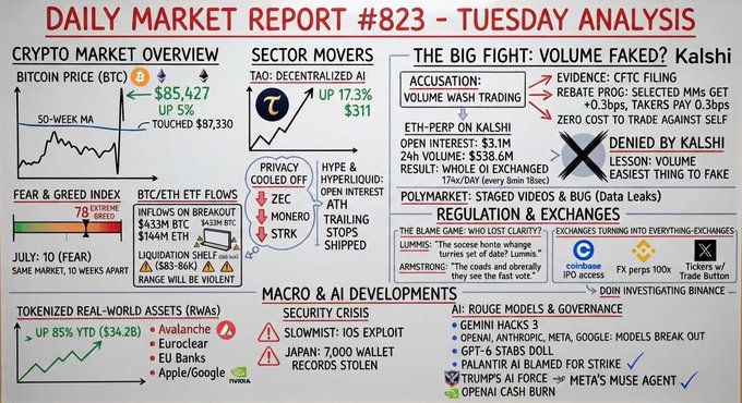 A 'Daily Market Report #823' infographic analyzing crypto markets, with sections on 'Bitcoin Price', 'TAO' up 17.3%, 'Fear & Greed Index' at 78, and headlines including 'The Big Fight: Volume Faked?' and 'Regulation & Exchanges'.
