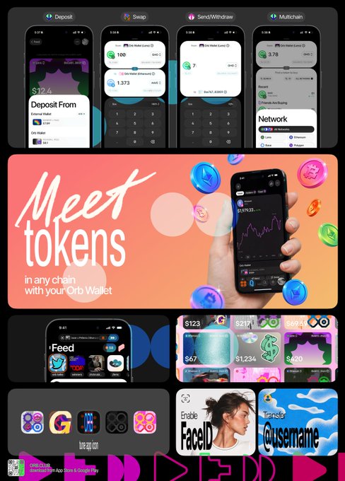 The image shows a poster with various icons representing different apps or services related to cryptocurrency and mobile payments. The poster includes icons for Bitcoin, Ripple, and other payment methods. It also displays an advertisement for a mobile app called "Meet tokens" that allows users to exchange tokens for digital currency. The text on the poster encourages people to explore these new features and services, possibly as part of a beta testing phase or a promotional campaign.