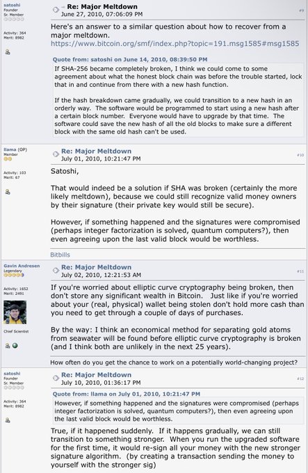 A BitcoinTalk forum thread dated June 27, 2010 titled "Re: Major Meltdown" where Satoshi Nakamoto, Gavin Andresen, and others discuss contingency plans for hash function or signature algorithm failures, with Satoshi proposing that users would voluntarily upgrade software and re-sign their coins with a stronger algorithm if SHA-256 or ECDSA were ever broken.