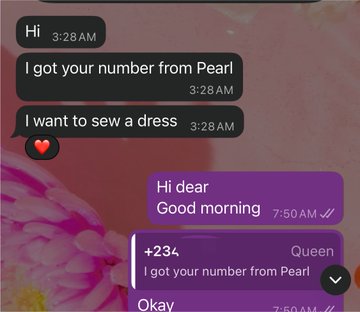 A screenshot of a late-night text exchange where someone messages "I got your number from Pearl" and "I want to sew a dress," receiving the response "+234 Queen Okay." The conversation humorously ties to the post's joke about pivoting to fashion designing, suggesting the poster is networking "off-chain" by connecting with potential clients through personal referrals.