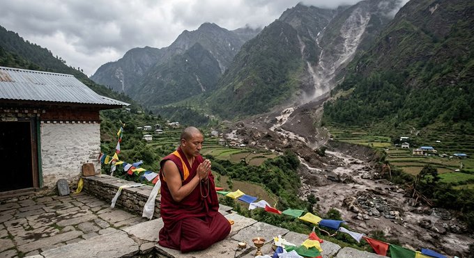 A monk in traditional red and yellow robes kneels in prayer on a stone terrace adorned with colorful prayer flags, with a dramatic mountain valley and traditional buildings visible in the background.