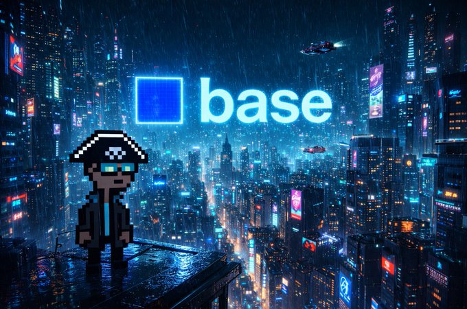 A pixel-art character wearing a pirate hat and sunglasses standing on a rooftop overlooking a cyberpunk cityscape at night, with a glowing blue 'base' logo floating in the sky.