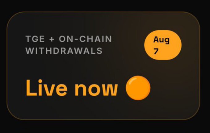 A promotional graphic with a dark background and orange accents announces that "$ORVX TGE + On-Chain Withdrawals" are "Live now" as of August 7, visually supporting the post's announcement of the token generation event and inviting users to guess the price.