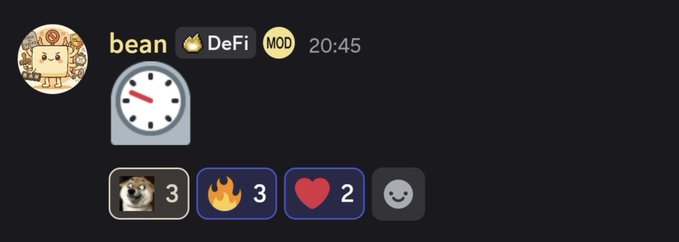 A Discord message from user 'bean' at 20:45 featuring a scale emoji, followed by reactions including a dog, fire, heart, and smiley face emojis.