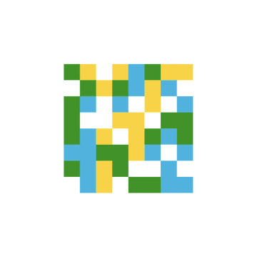 An abstract pixelated artwork composed of small green, yellow, blue, and white squares arranged in a roughly heart-shaped pattern.