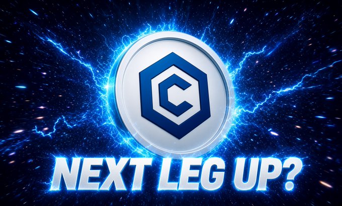 A glowing blue emblem with a hexagon 'C' logo surrounded by electric energy and sparks, with the bold text 'NEXT LEG UP?' beneath it.
