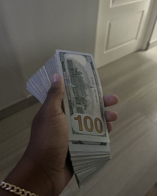 A hand holds a fanned-out stack of $100 bills (featuring "100" and "THE UNITED STATES OF AMERICA"), visually reinforcing the repeated mantra "We will make money" with a bold display of cash. The imagery symbolizes financial ambition and the pursuit of wealth.