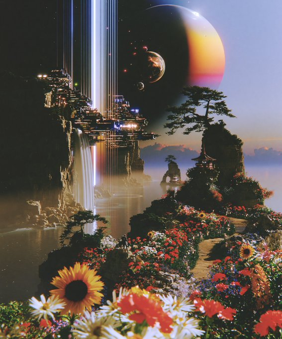 A vibrant, surreal landscape illustration combines elements of a futuristic city, a waterfall, lush gardens with sunflowers and daisies, and multiple planets in the sky.