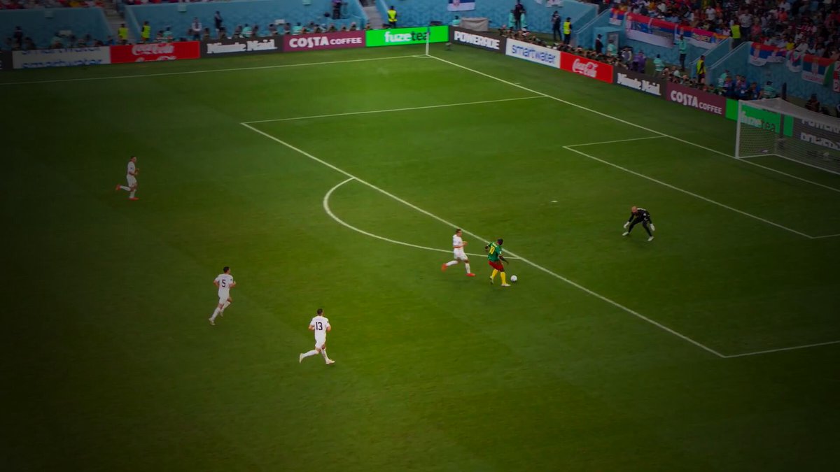 The image shows a soccer game taking place with players from two teams competing against each other on a field. The players are spread out across the field, some closer to the foreground while others can be seen further back. There are at least 12 visible people in various positions and poses, indicating an active match is happening. 

The image also contains text that reads "World Cup Mode is live on FlipX", which suggests that this photo was taken during a soccer game or tournament. The post appears to provide information about the ongoing event, possibly including details such as the teams playing, player statistics, and other relevant content related to the match.