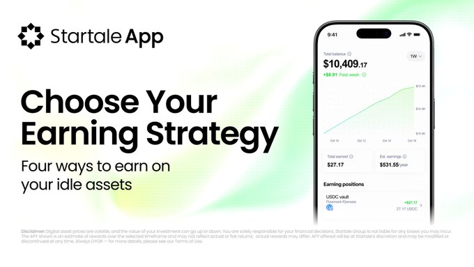 An advertisement for the Startale App reads 'Choose Your Earning Strategy: Four ways to earn on your idle assets,' showing a phone interface displaying a balance of $10,409.17 and a graph.